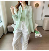 Striped Sun Proof Chiffon Office Blouse Shirt